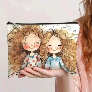Kawaii Cute Twin Sisters With Curly Long Hair Design Zipper Pouch Purse